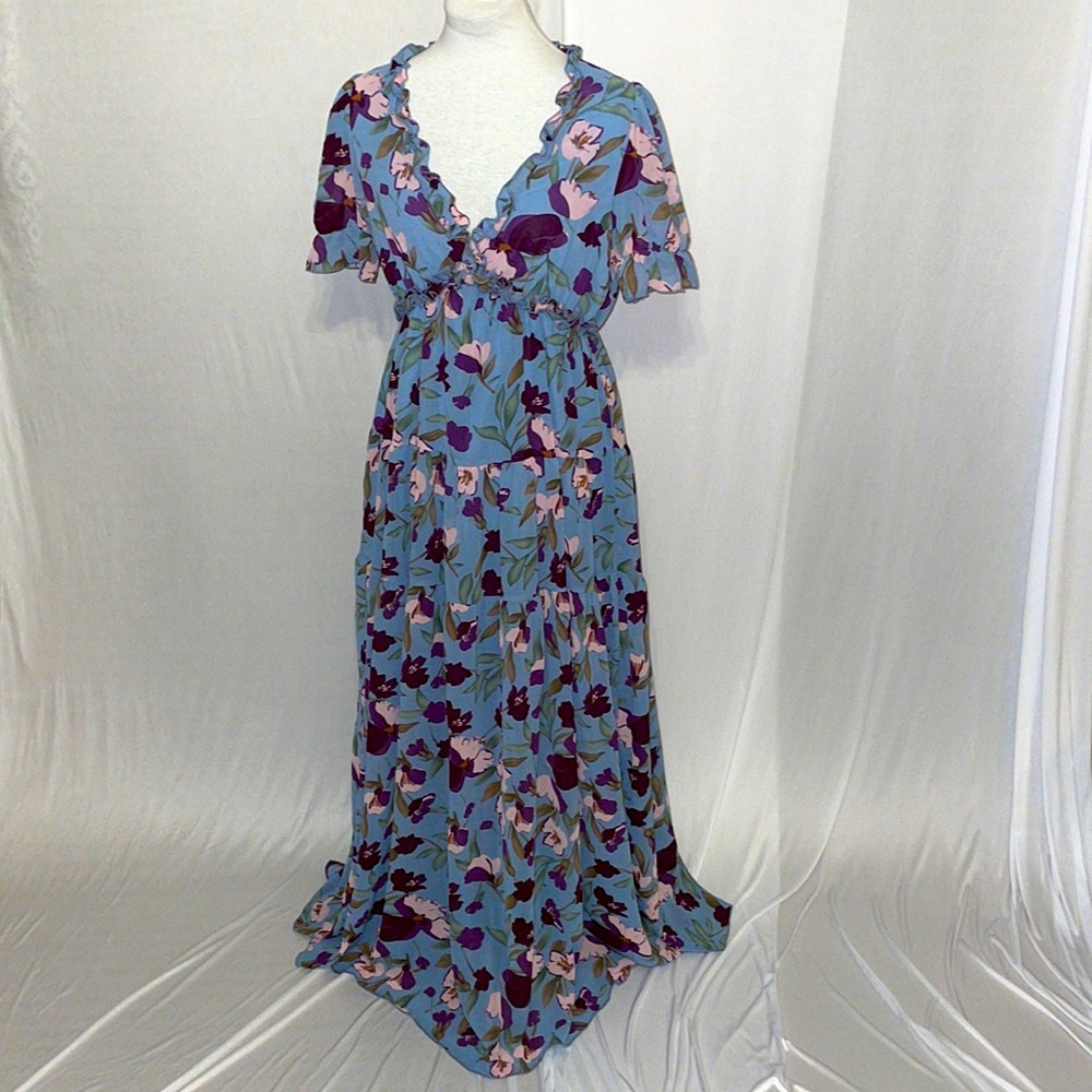 Blue Flowered & Flowing Floor Length Dress